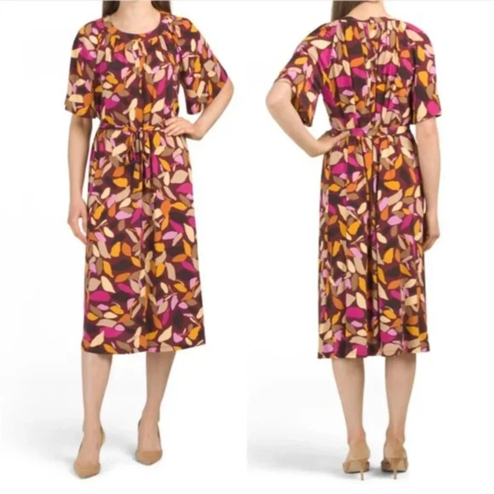 NEW Maggy London Women's Bell Sleeve Shirred Tent Dress Maroon Gold US Size 14 - Picture 1 of 12